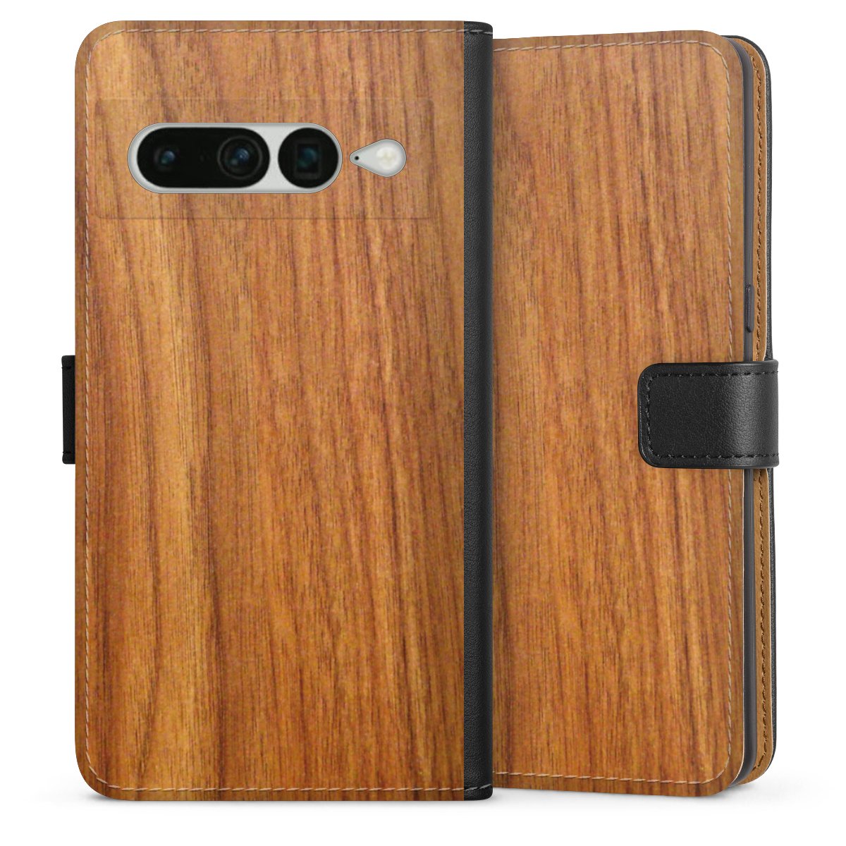 Google Pixel 7 Pro Handy Klapphülle Handyhülle aus Kunst Leder schwarz Flip Case Wood Larch Wooden Look Sideflip mit Lasche