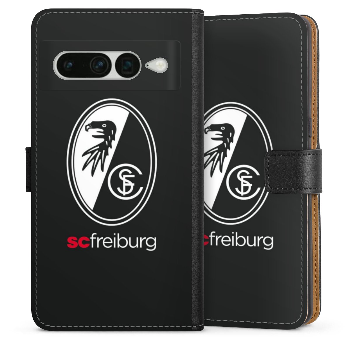 Google Pixel 7 Pro Handy Klapphülle Handyhülle aus Kunst Leder schwarz Flip Case Official Licensed Product Sc Freiburg Coat Of Arms Sideflip mit Lasche