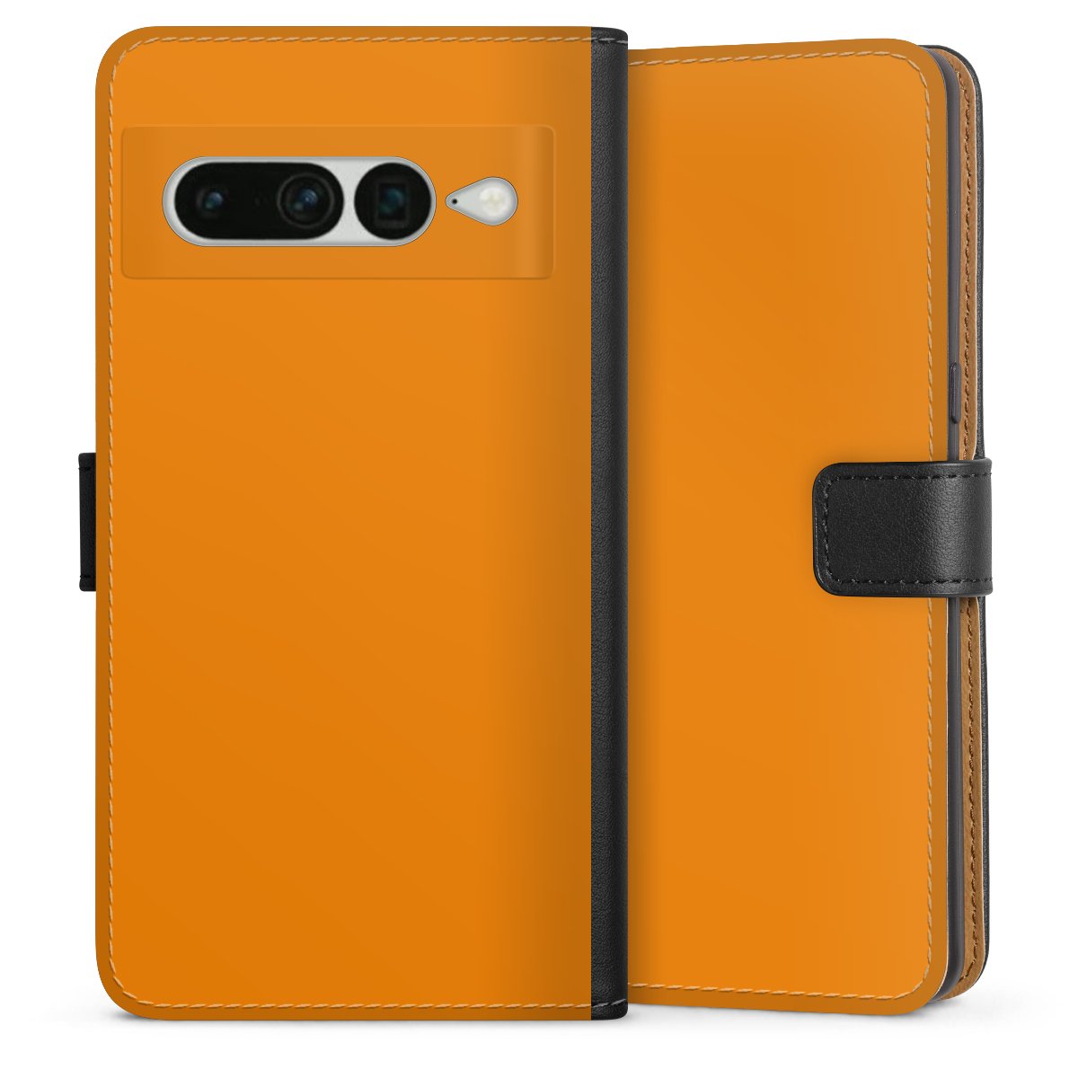 Google Pixel 7 Pro Handy Klapphülle Handyhülle aus Kunst Leder schwarz Flip Case Unicoloured Colour Orange Sideflip mit Lasche