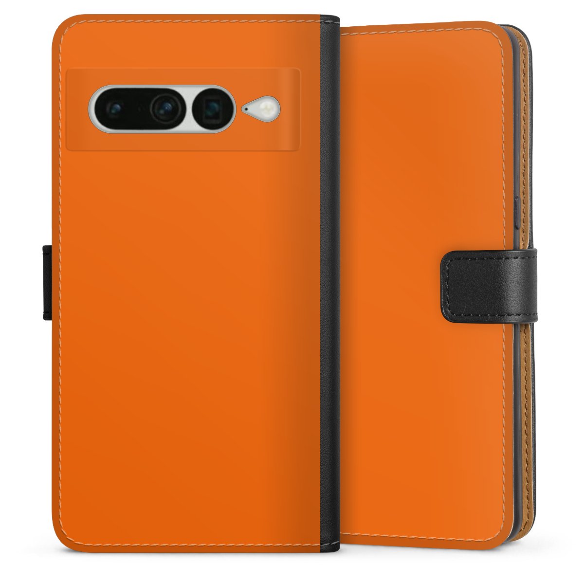 Google Pixel 7 Pro Handy Klapphülle Handyhülle aus Kunst Leder schwarz Flip Case Orange Colour Unicoloured Sideflip mit Lasche