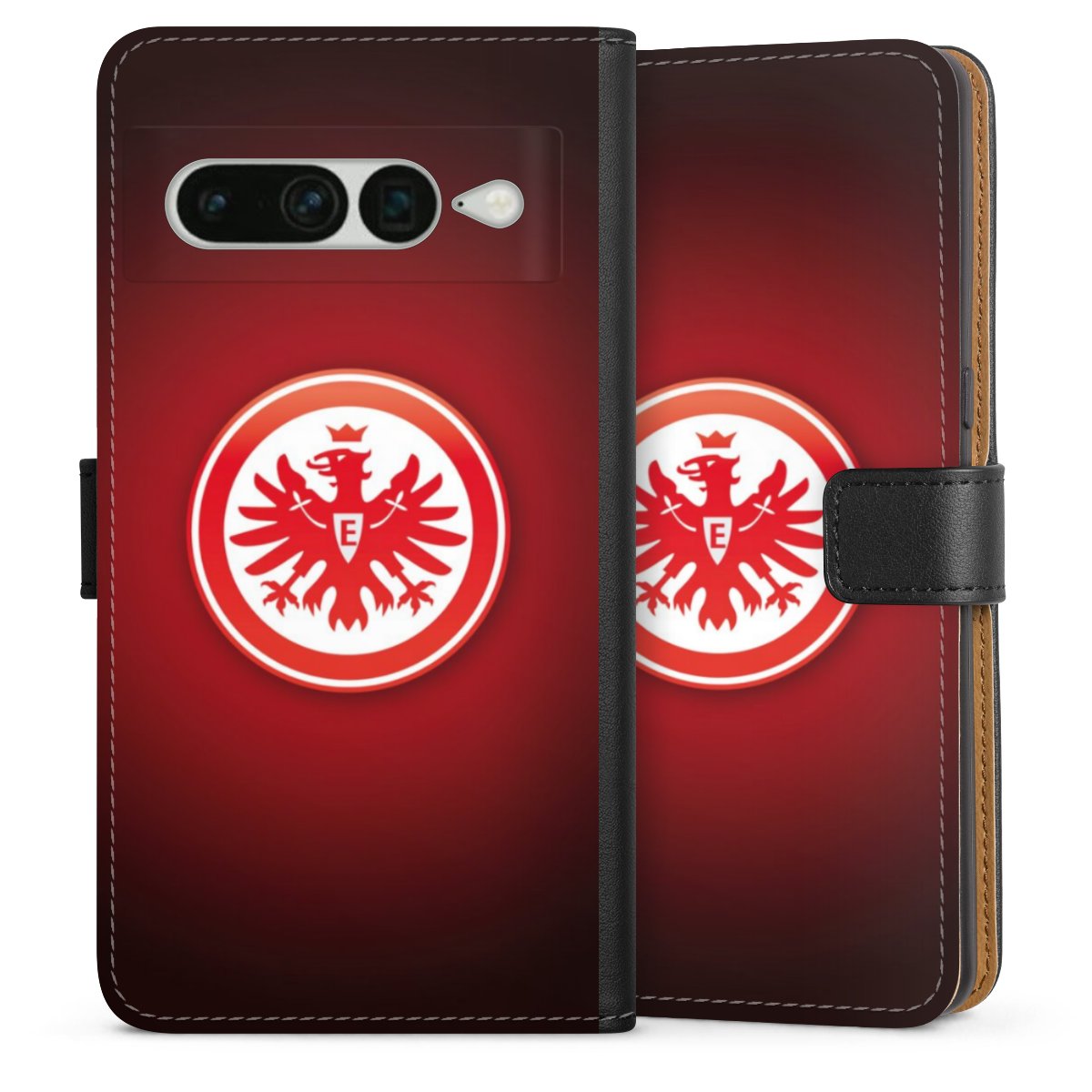 Google Pixel 7 Pro Handy Klapphülle Handyhülle aus Kunst Leder schwarz Flip Case Eintracht Frankfurt Official Licensed Product Coat Of Arms Sideflip mit Lasche