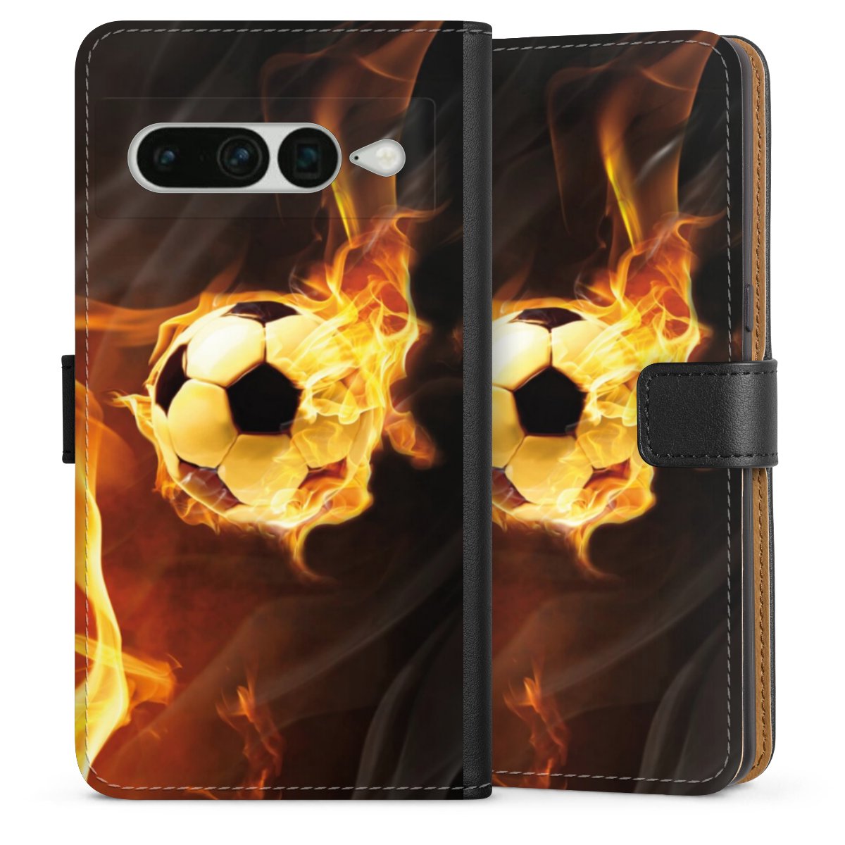 Google Pixel 7 Pro Handy Klapphülle Handyhülle aus Kunst Leder schwarz Flip Case Ball Fire Soccer Sideflip mit Lasche