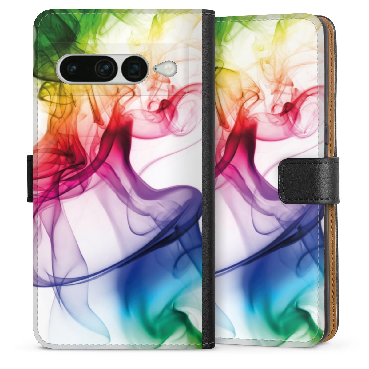 Google Pixel 7 Pro Handy Klapphülle Handyhülle aus Kunst Leder schwarz Flip Case Water Colour Rainbow Sideflip mit Lasche