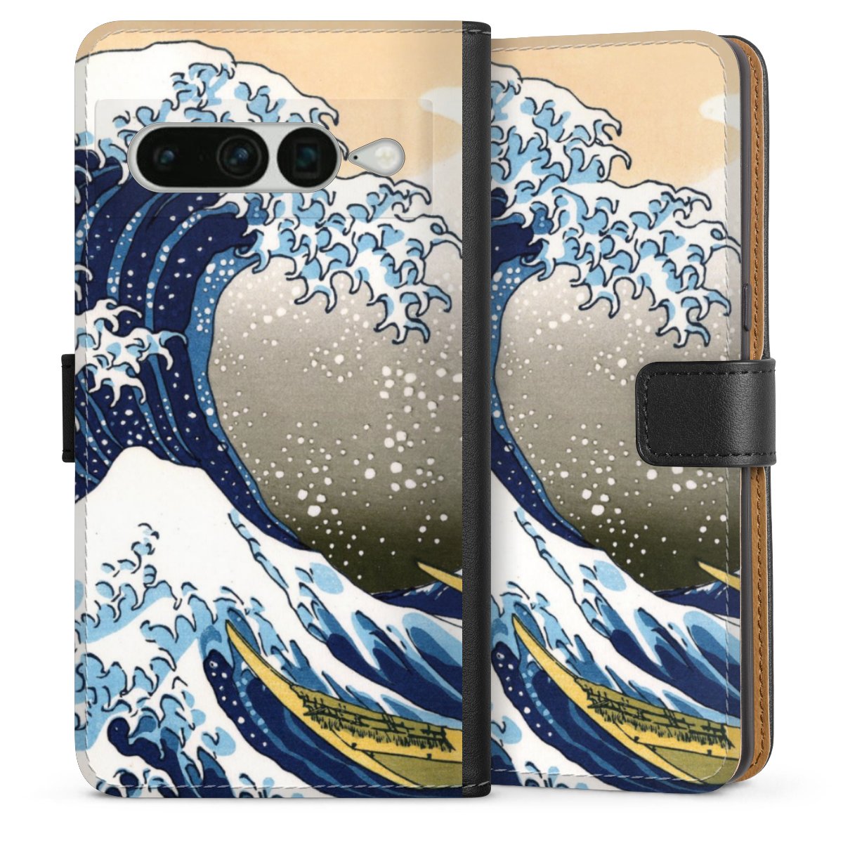 Google Pixel 7 Pro Handy Klapphülle Handyhülle aus Kunst Leder schwarz Flip Case Kunst Katsushika Hokusai Die Große Welle Vor Kanagawa Sideflip mit Lasche