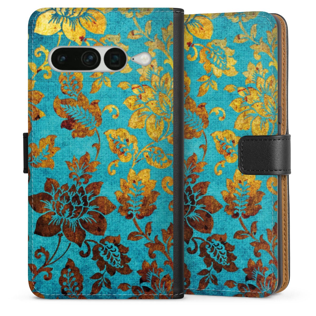 Google Pixel 7 Pro Handy Klapphülle Handyhülle aus Kunst Leder schwarz Flip Case Ornament Vintage Flowers Sideflip mit Lasche