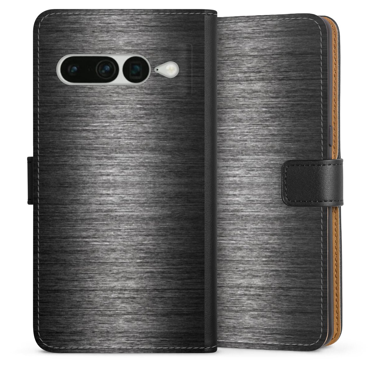 Google Pixel 7 Pro Handy Klapphülle Handyhülle aus Kunst Leder schwarz Flip Case Metallic Look Anthracite Metal Sideflip mit Lasche