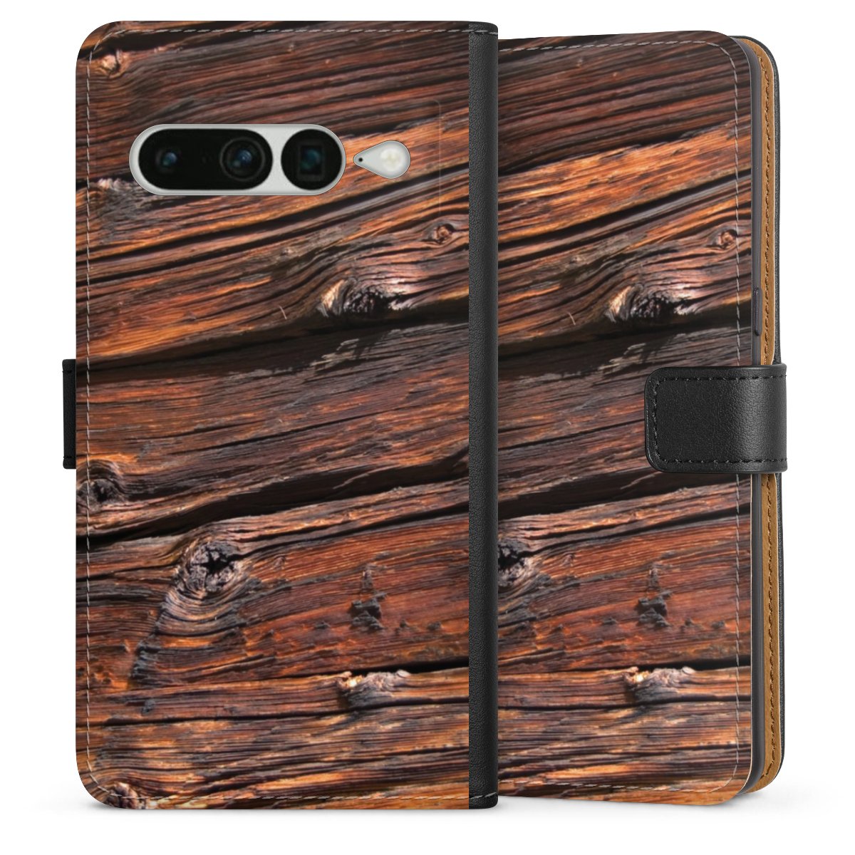 Google Pixel 7 Pro Handy Klapphülle Handyhülle aus Kunst Leder schwarz Flip Case Beams Wooden Look Wood Sideflip mit Lasche