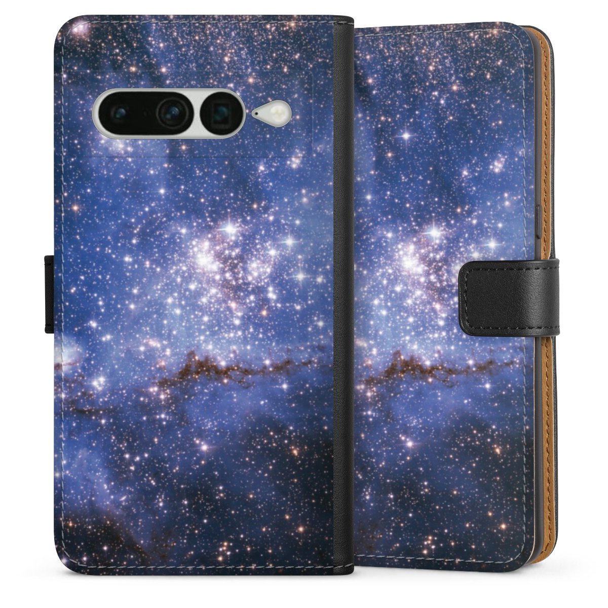 Google Pixel 7 Pro Handy Klapphülle Handyhülle aus Kunst Leder schwarz Flip Case Weltall Galaxy Weltraum Sideflip mit Lasche