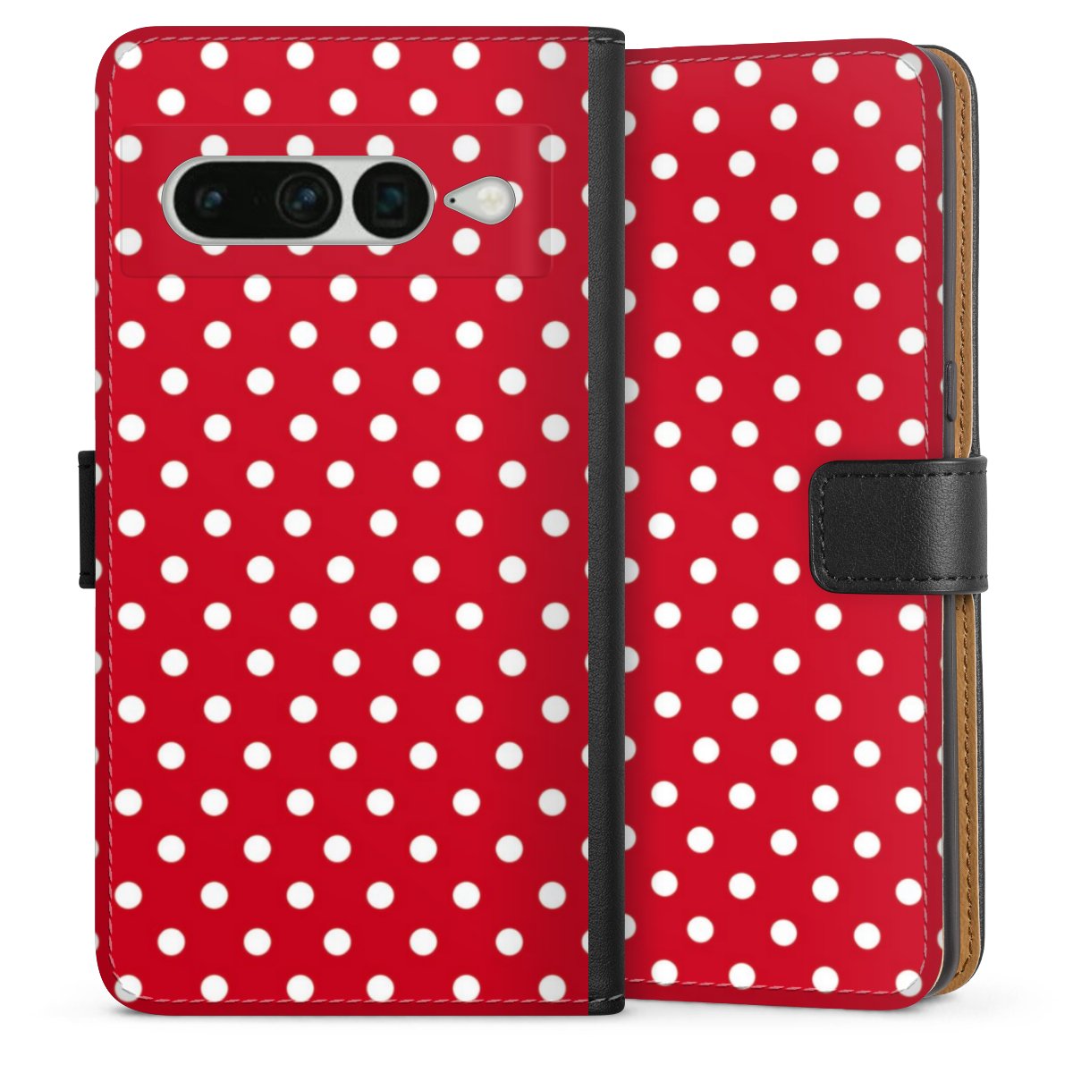 Google Pixel 7 Pro Handy Klapphülle Handyhülle aus Kunst Leder schwarz Flip Case Points Polka Dots Retro Sideflip mit Lasche