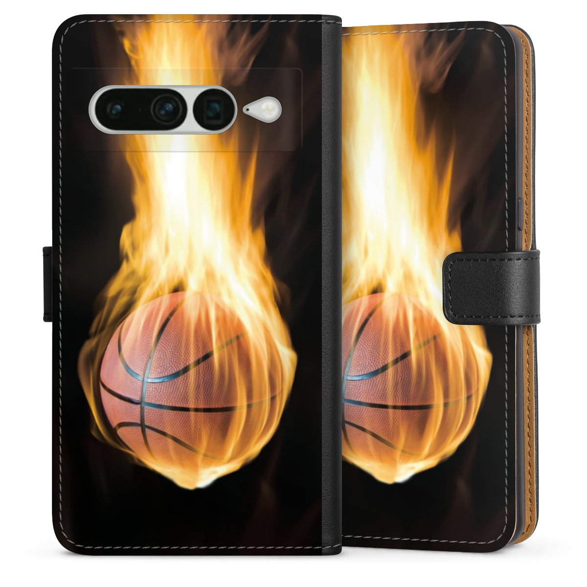 Google Pixel 7 Pro Handy Klapphülle Handyhülle aus Kunst Leder schwarz Flip Case Basketball Sports Fire Sideflip mit Lasche