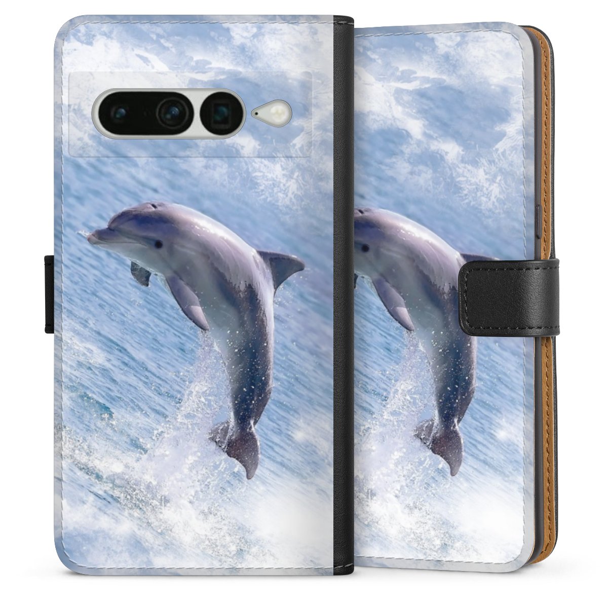 Google Pixel 7 Pro Handy Klapphülle Handyhülle aus Kunst Leder schwarz Flip Case Dolphin Ocean Wale Sideflip mit Lasche