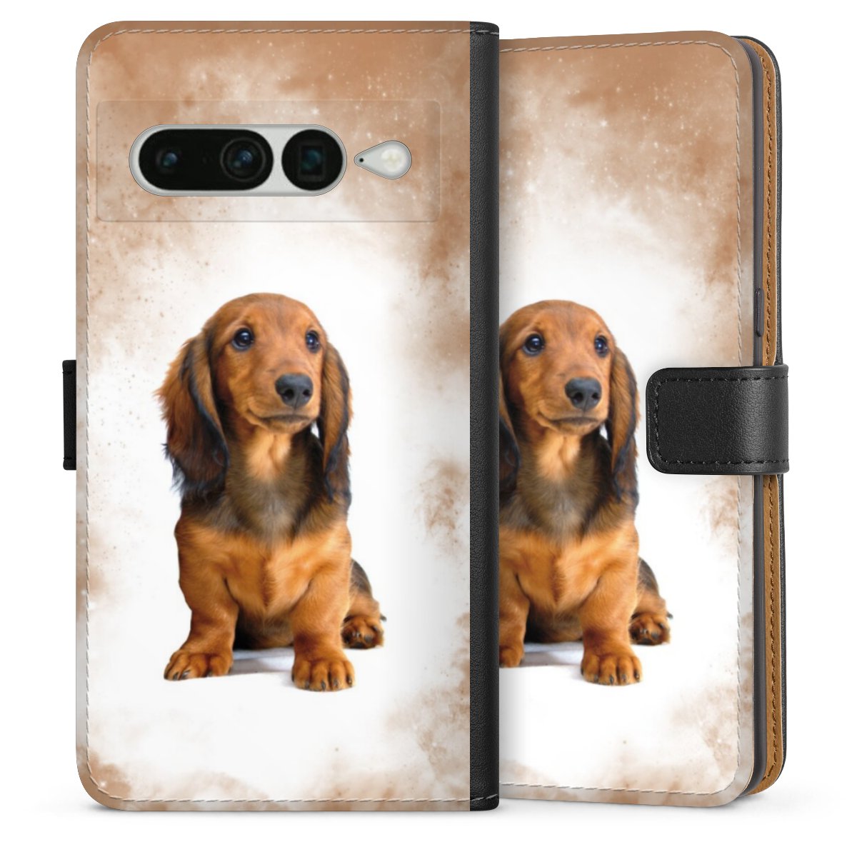 Google Pixel 7 Pro Handy Klapphülle Handyhülle aus Kunst Leder schwarz Flip Case Dog Pet Dachshund Sideflip mit Lasche