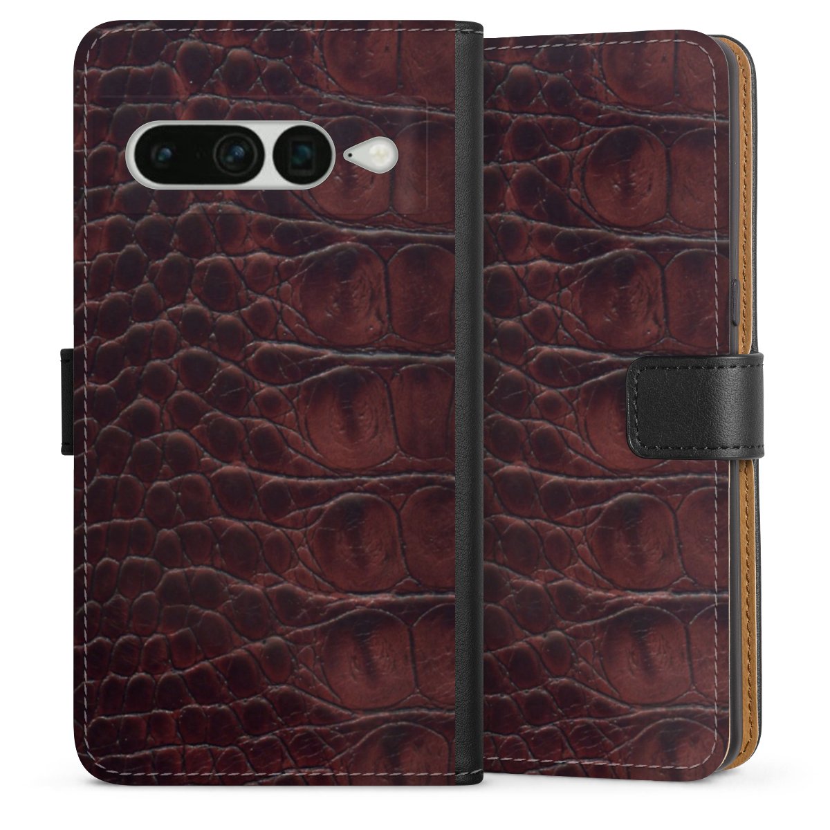 Google Pixel 7 Pro Handy Klapphülle Handyhülle aus Kunst Leder schwarz Flip Case Crocodile Animal Print Leather Sideflip mit Lasche