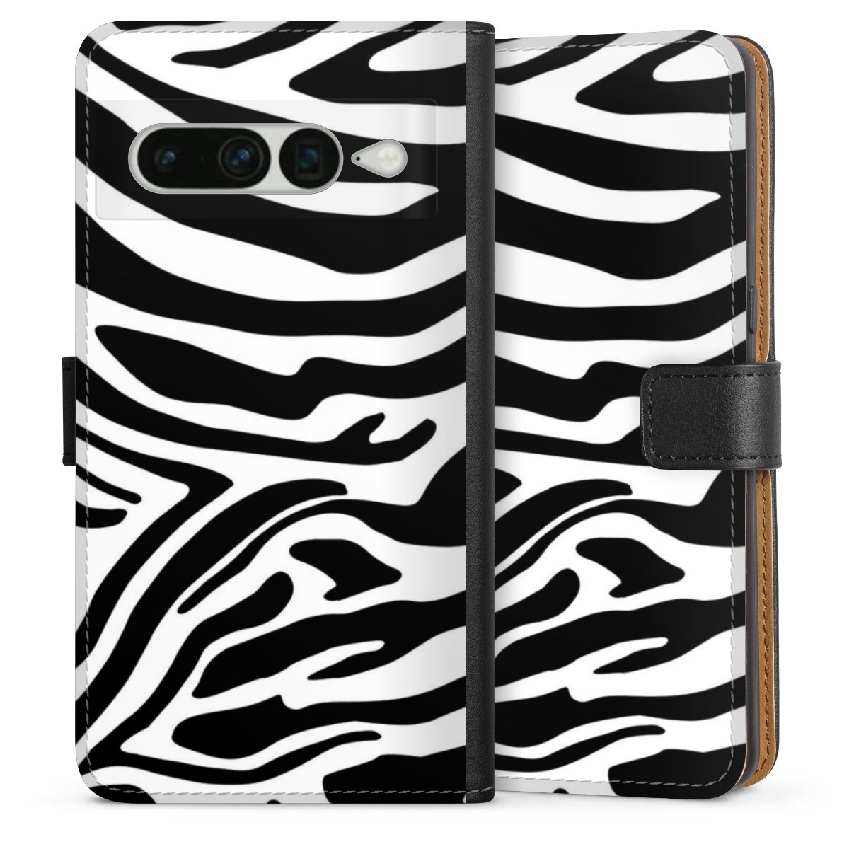 Google Pixel 7 Pro Handy Klapphülle Handyhülle aus Kunst Leder schwarz Flip Case Zebra Animal Look Animal Print Sideflip mit Lasche