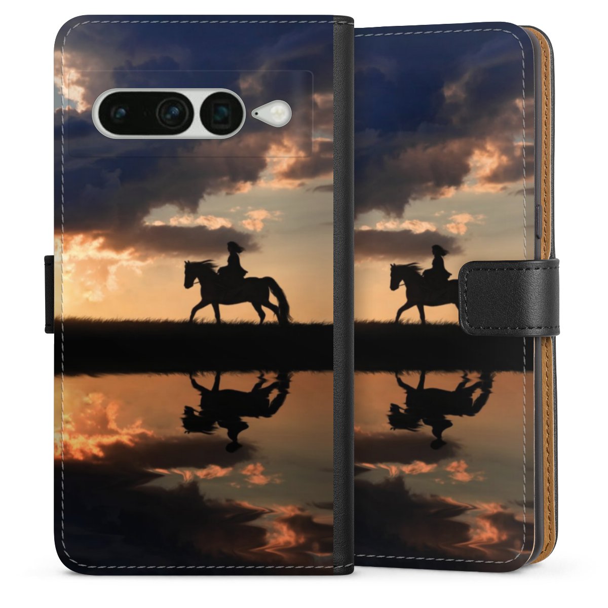 Google Pixel 7 Pro Handy Klapphülle Handyhülle aus Kunst Leder schwarz Flip Case Horse Sunset Horseback Riding Sideflip mit Lasche