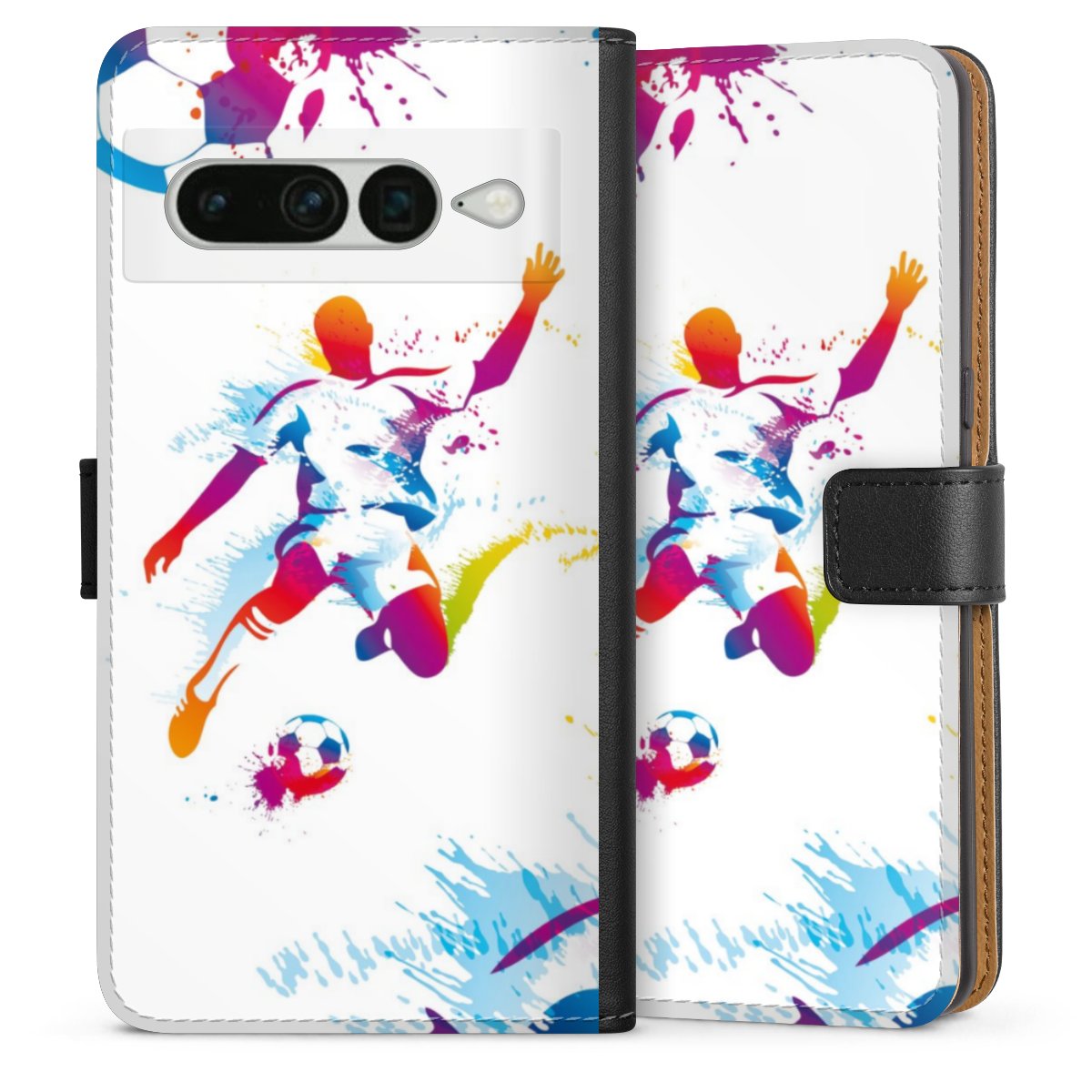 Google Pixel 7 Pro Handy Klapphülle Handyhülle aus Kunst Leder schwarz Flip Case Sports Soccer Muster Sideflip mit Lasche