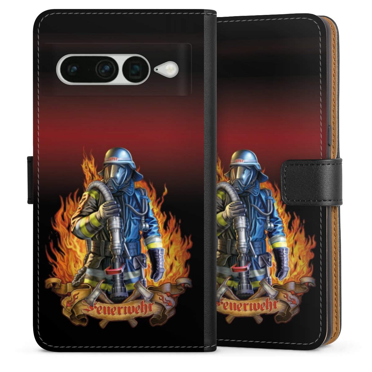 Google Pixel 7 Pro Handy Klapphülle Handyhülle aus Kunst Leder schwarz Flip Case Job Fire Fighter Fire Fighters Sideflip mit Lasche