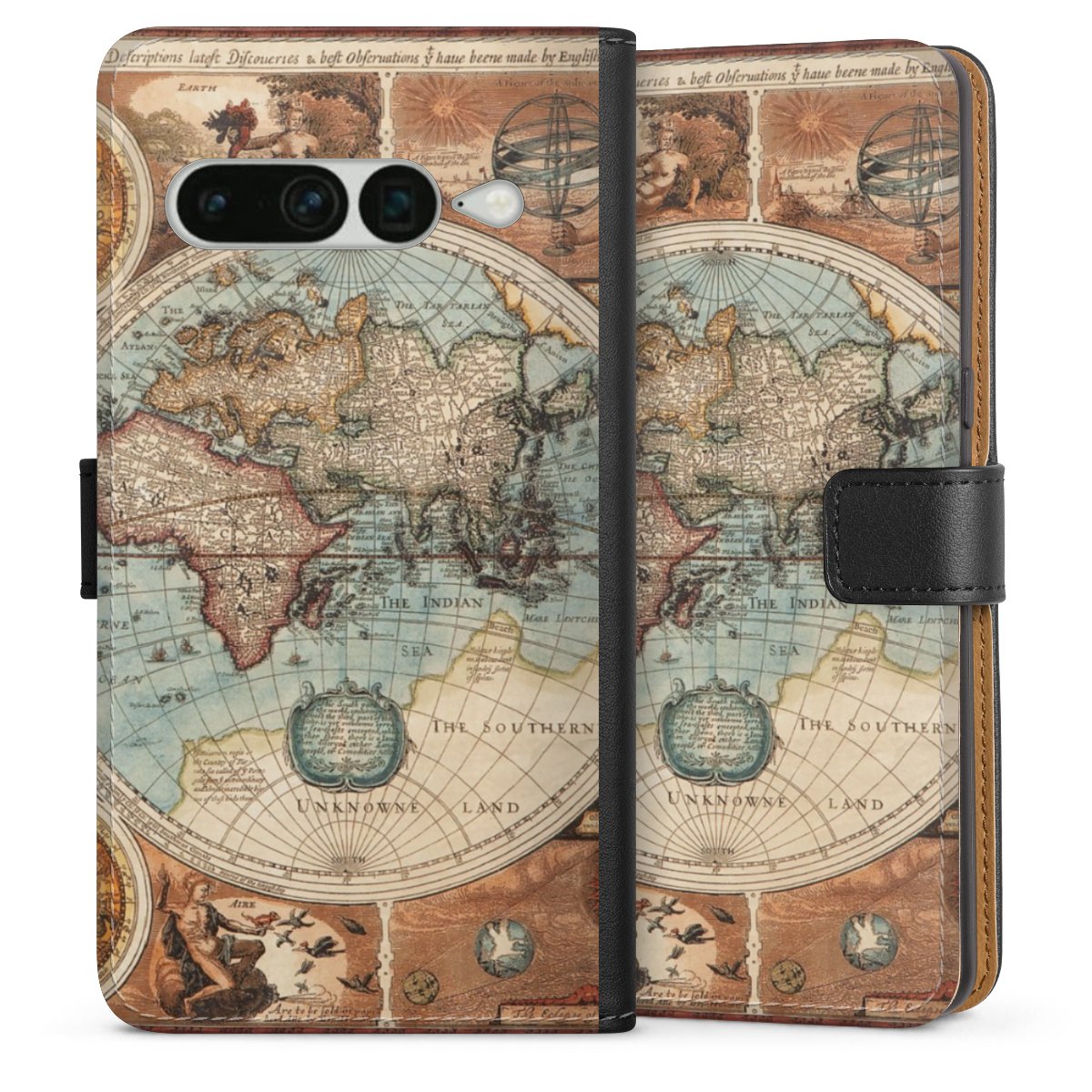 Google Pixel 7 Pro Handy Klapphülle Handyhülle aus Kunst Leder schwarz Flip Case World Map Vintage Map Sideflip mit Lasche