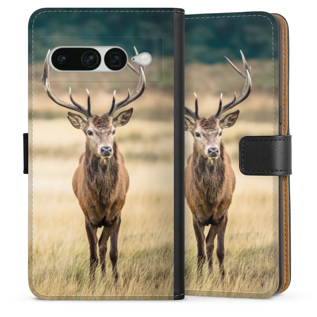 Google Pixel 7 Pro Handy Klapphülle Handyhülle aus Kunst Leder schwarz Flip Case Deer Meadow Forrest Sideflip mit Lasche