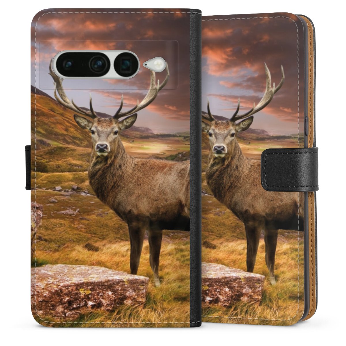 Google Pixel 7 Pro Handy Klapphülle Handyhülle aus Kunst Leder schwarz Flip Case Meadow Mountain Deer Sideflip mit Lasche