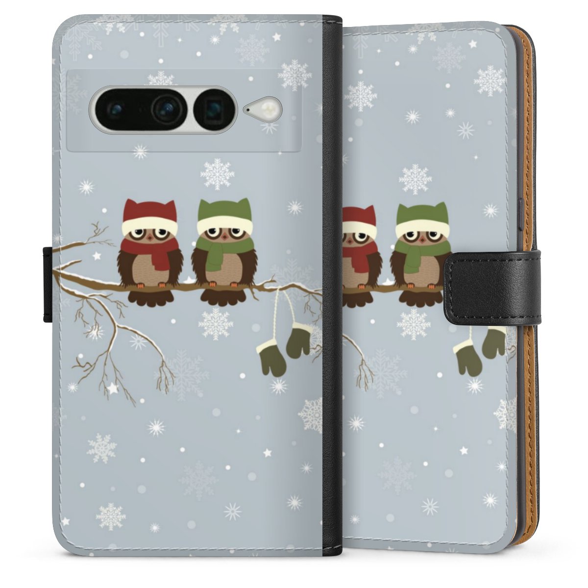 Google Pixel 7 Pro Handy Klapphülle Handyhülle aus Kunst Leder schwarz Flip Case Owl Winter Christmas Sideflip mit Lasche