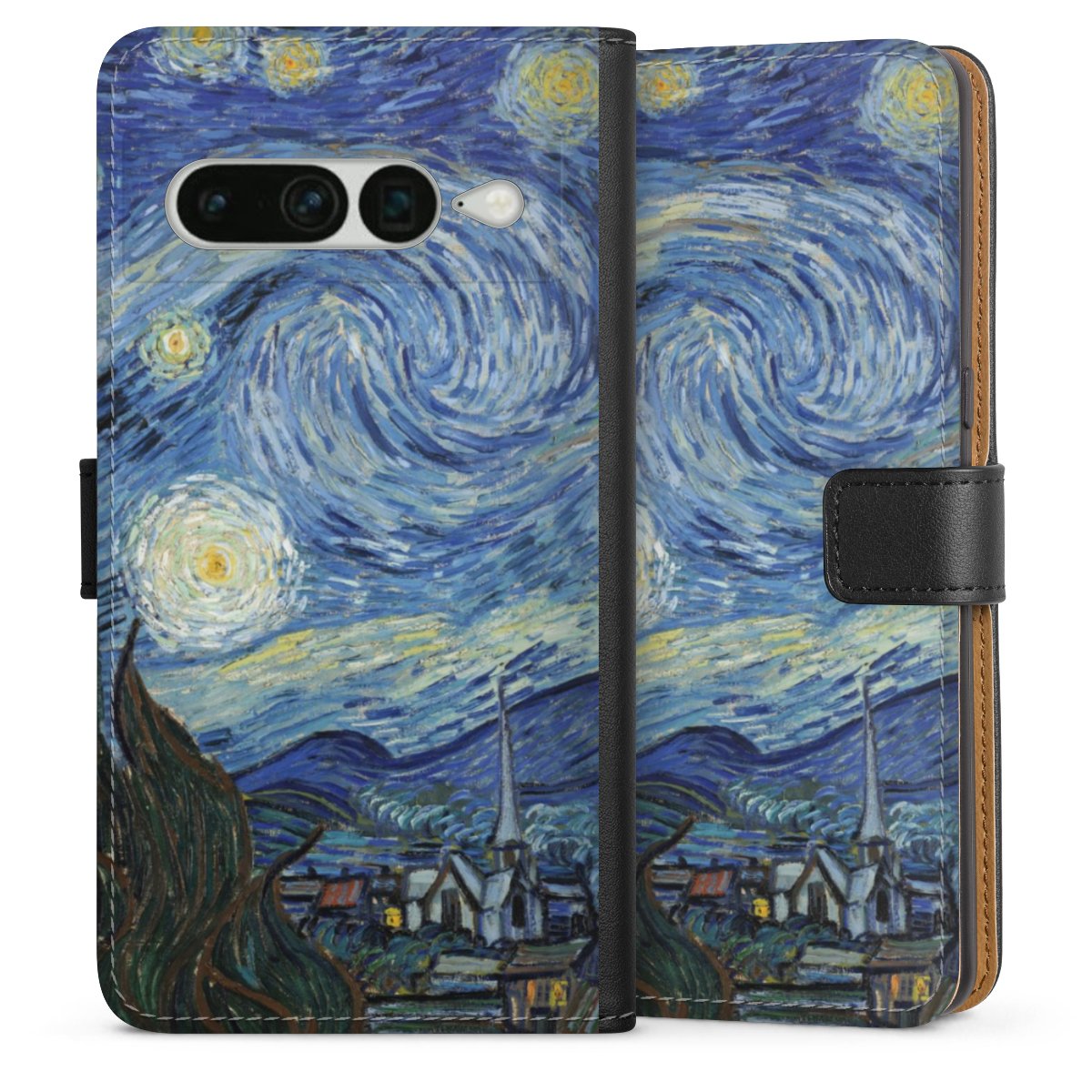 Google Pixel 7 Pro Handy Klapphülle Handyhülle aus Kunst Leder schwarz Flip Case The Starry Night Kunst Vincent Van Gogh Sideflip mit Lasche