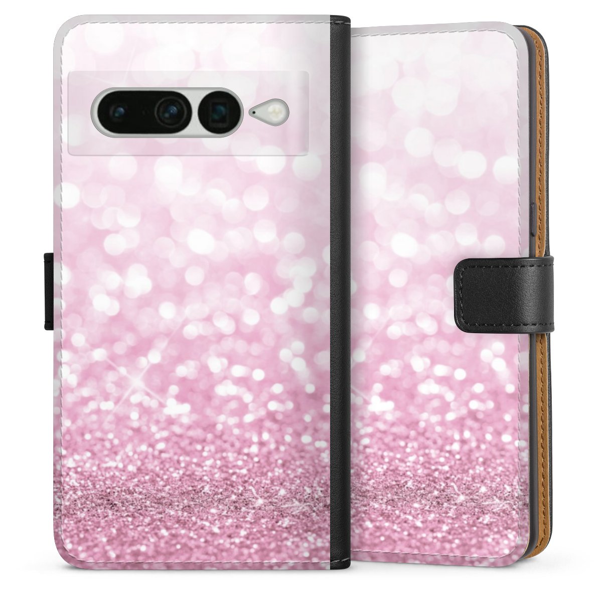 Google Pixel 7 Pro Handy Klapphülle Handyhülle aus Kunst Leder schwarz Flip Case Glitzer Pink Shine Sideflip mit Lasche