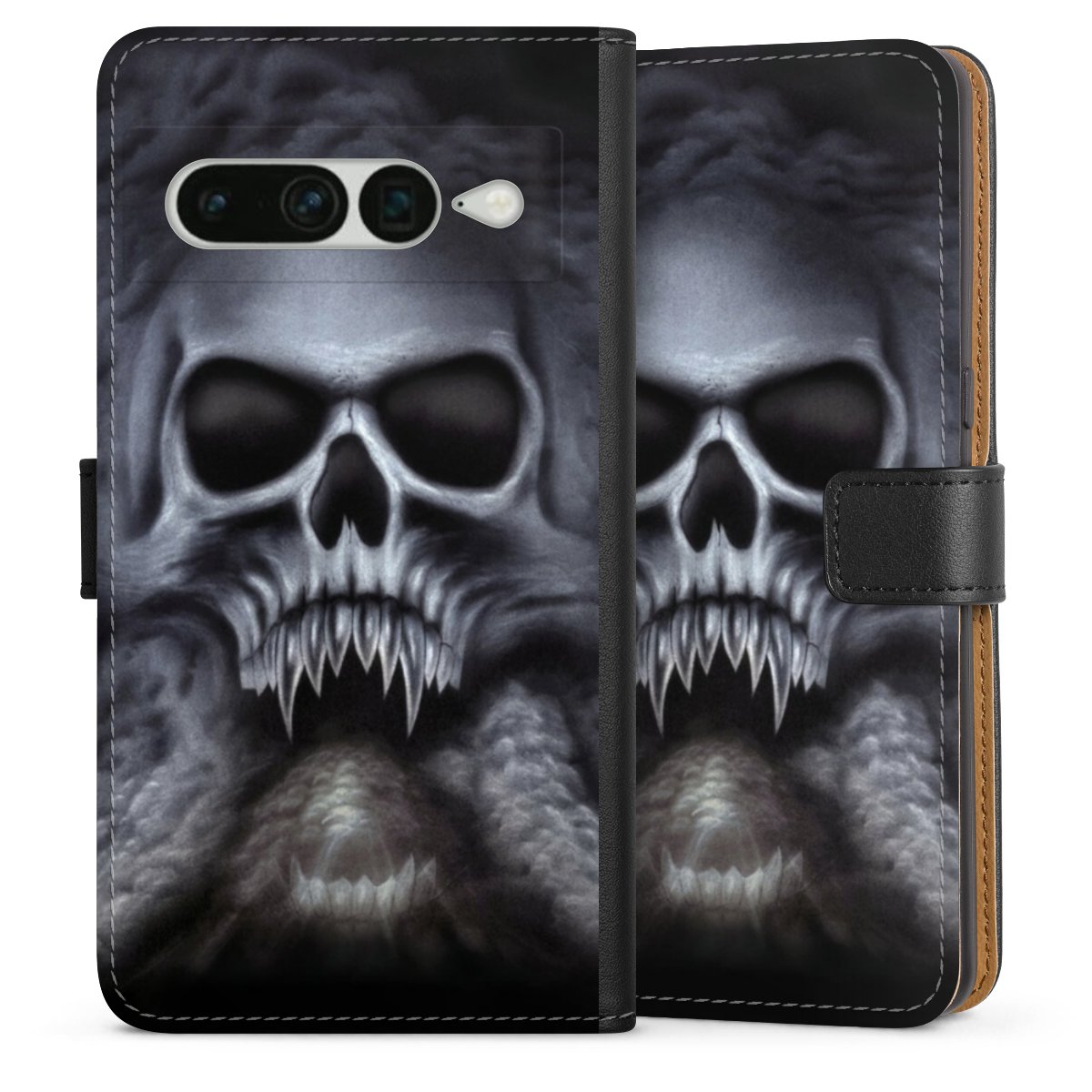 Google Pixel 7 Pro Handy Klapphülle Handyhülle aus Kunst Leder schwarz Flip Case Totenkopf Skull Sideflip mit Lasche