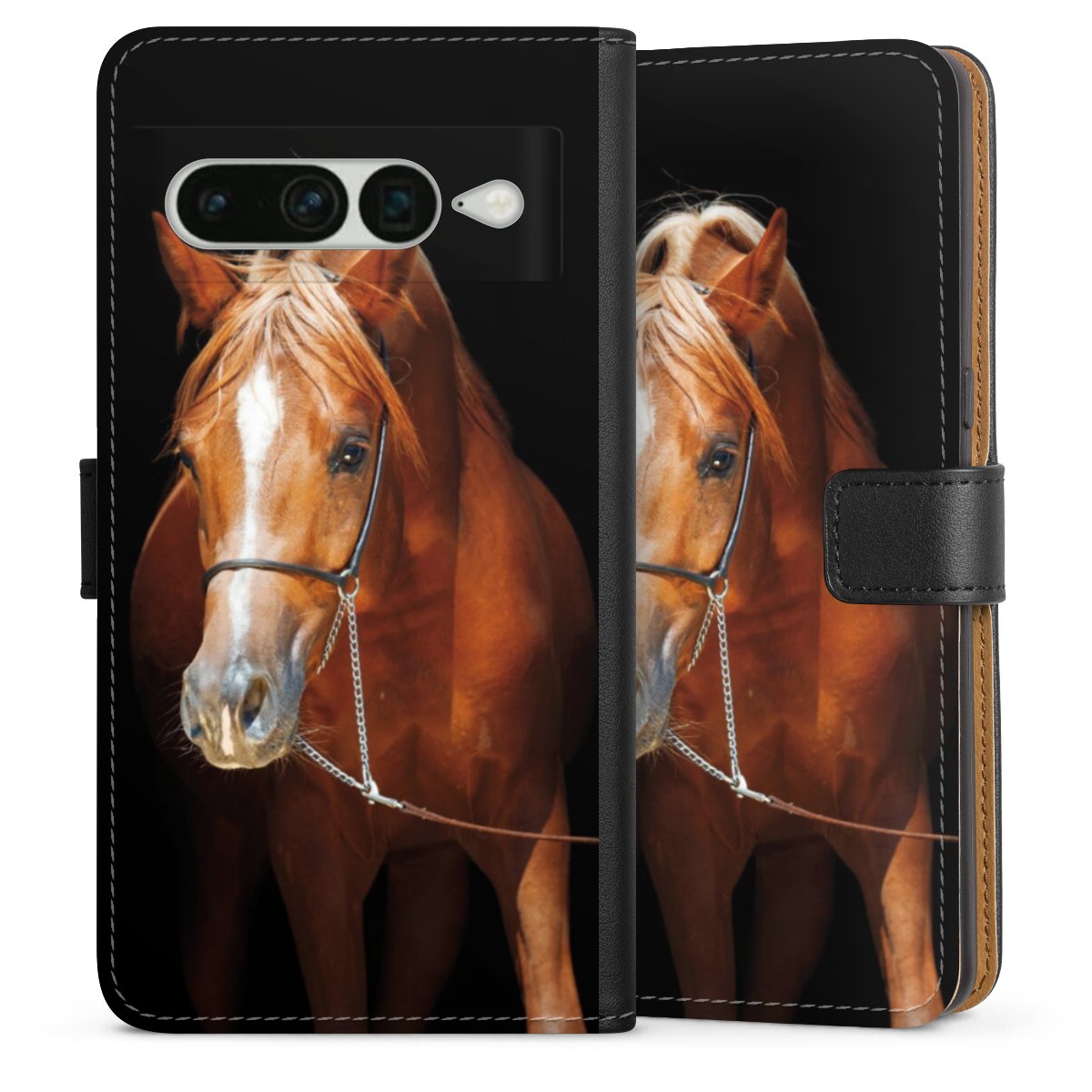 Google Pixel 7 Pro Handy Klapphülle Handyhülle aus Kunst Leder schwarz Flip Case Mare Horse Hobby Sideflip mit Lasche