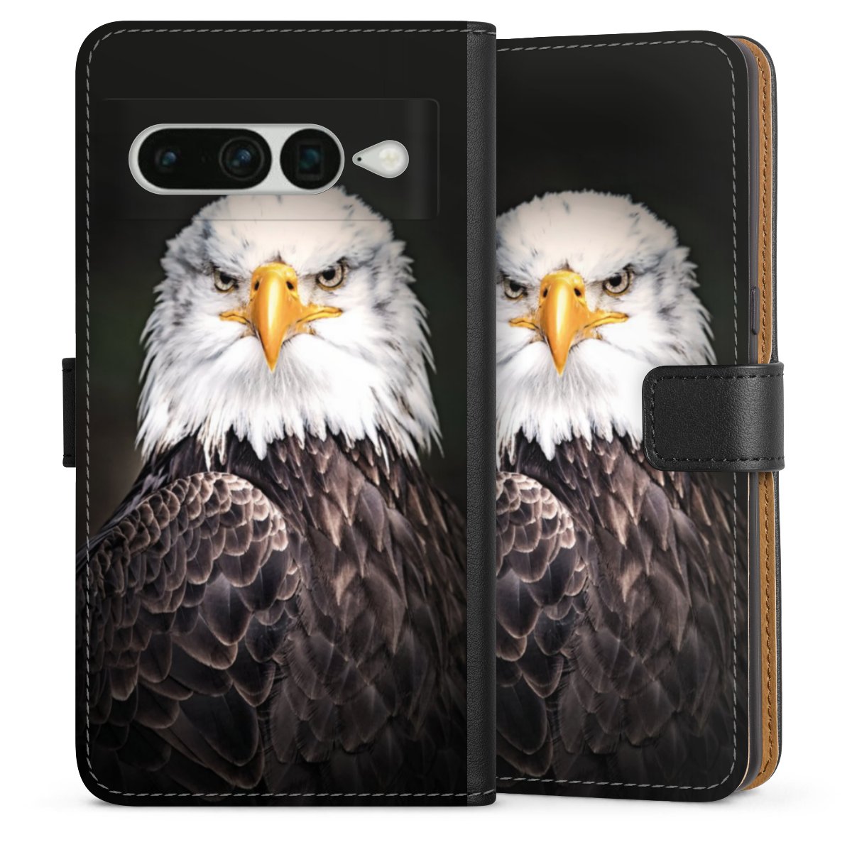 Google Pixel 7 Pro Handy Klapphülle Handyhülle aus Kunst Leder schwarz Flip Case Eagle Bird Sideflip mit Lasche