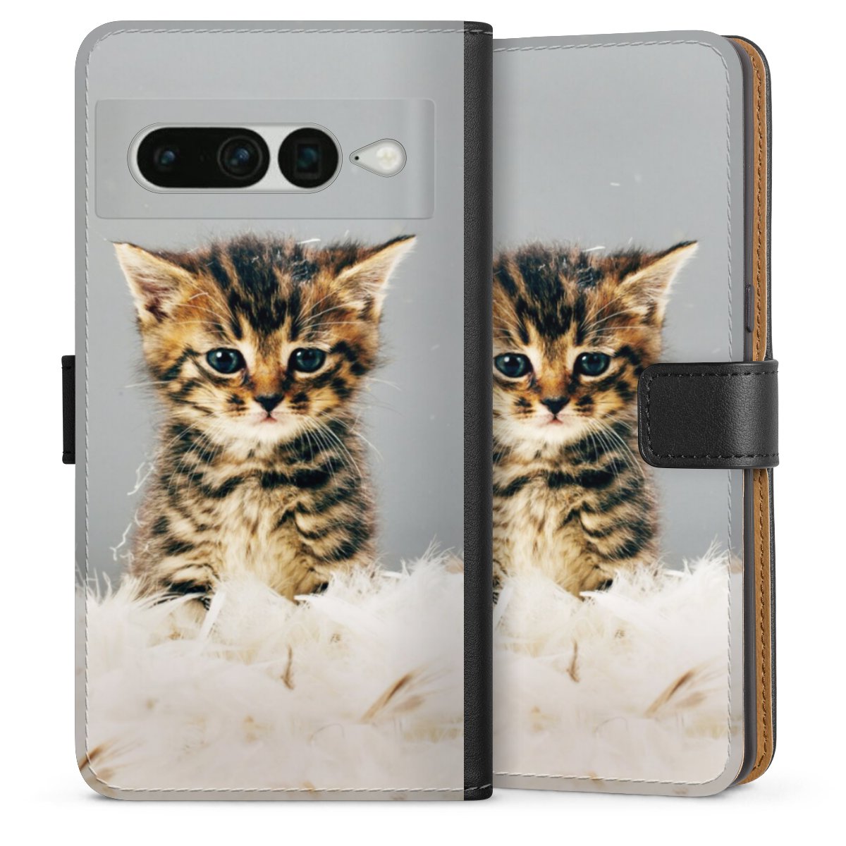 Google Pixel 7 Pro Handy Klapphülle Handyhülle aus Kunst Leder schwarz Flip Case Cat Feather Pet Sideflip mit Lasche