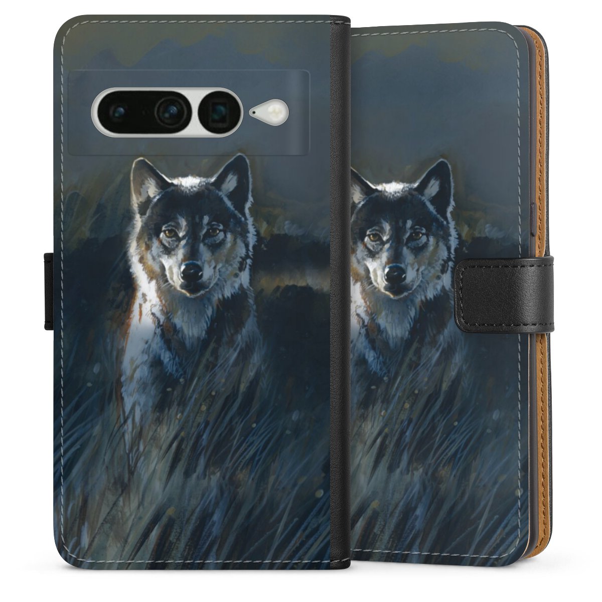 Google Pixel 7 Pro Handy Klapphülle Handyhülle aus Kunst Leder schwarz Flip Case Nature Wolf Painting Sideflip mit Lasche