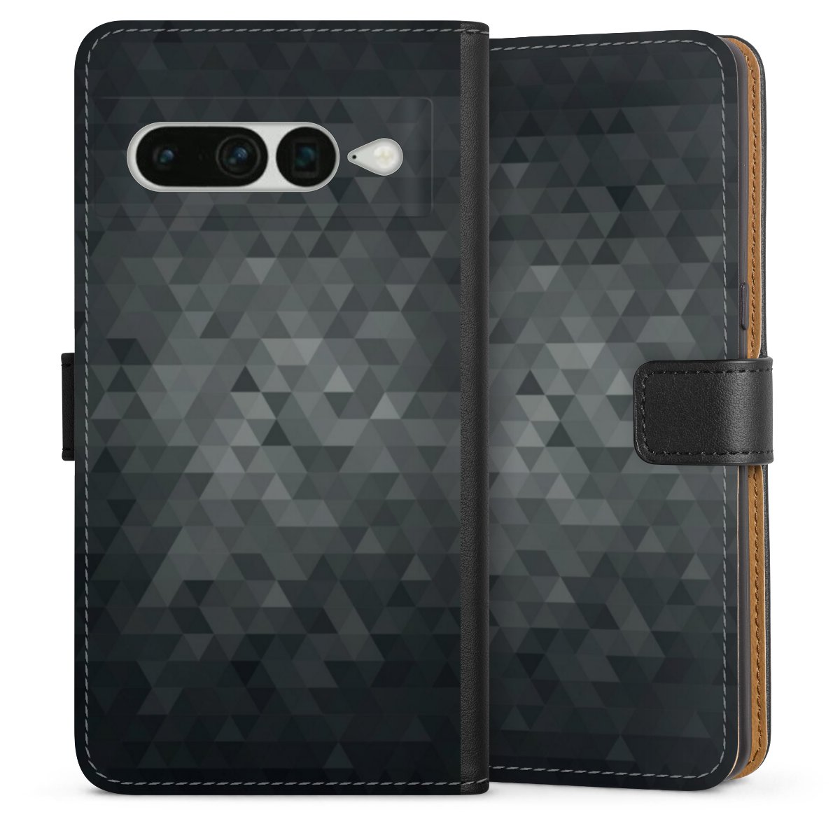 Google Pixel 7 Pro Handy Klapphülle Handyhülle aus Kunst Leder schwarz Flip Case Black Triangle Muster Sideflip mit Lasche