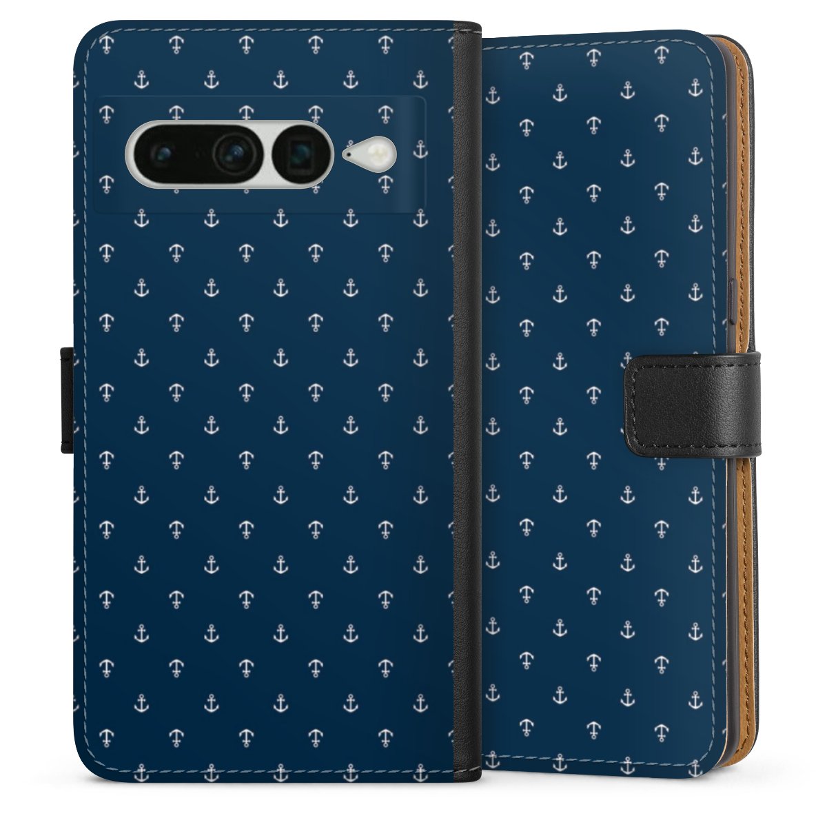 Google Pixel 7 Pro Handy Klapphülle Handyhülle aus Kunst Leder schwarz Flip Case Muster Anchor Sail Sideflip mit Lasche