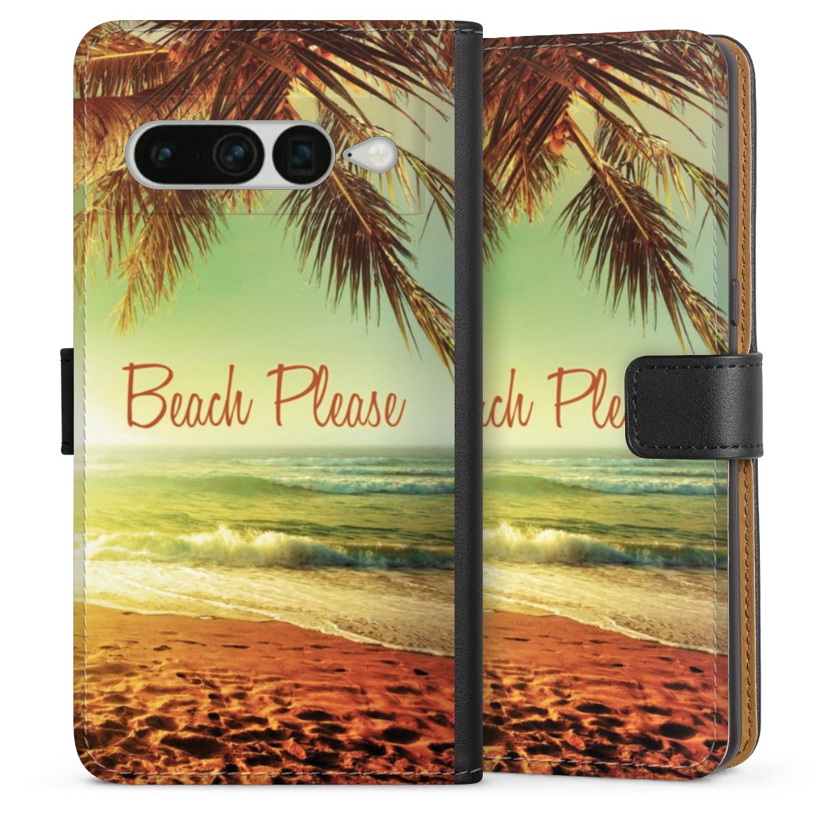 Google Pixel 7 Pro Handy Klapphülle Handyhülle aus Kunst Leder schwarz Flip Case Beach Urlaub Palm Tree Sideflip mit Lasche