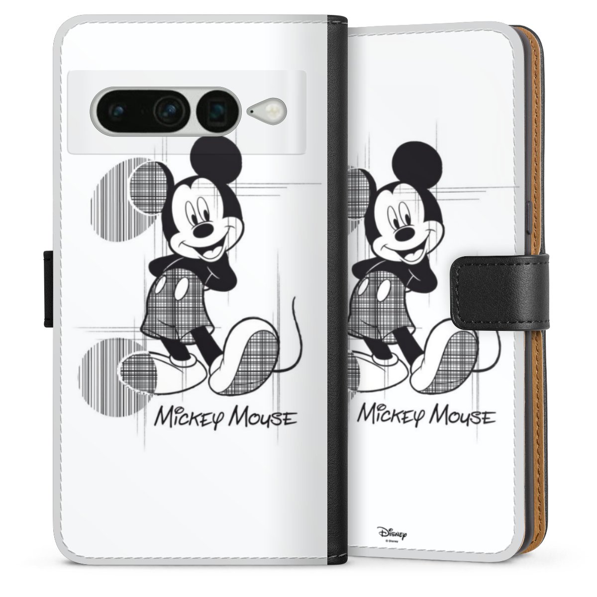 Google Pixel 7 Pro Handy Klapphülle Handyhülle aus Kunst Leder schwarz Flip Case Disney Official Licensed Product Mickey Mouse Sideflip mit Lasche