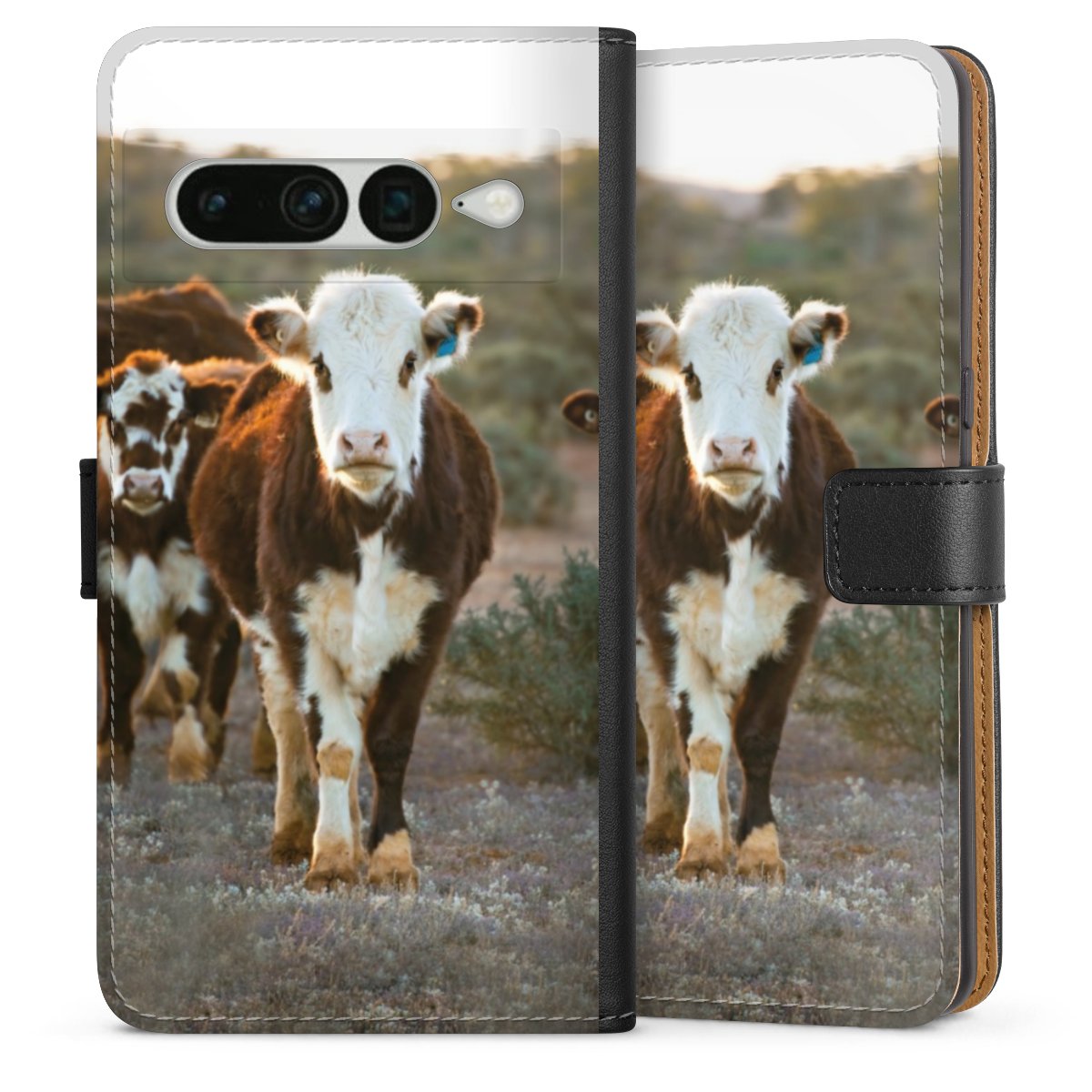 Google Pixel 7 Pro Handy Klapphülle Handyhülle aus Kunst Leder schwarz Flip Case Cow Farmer Calf Sideflip mit Lasche