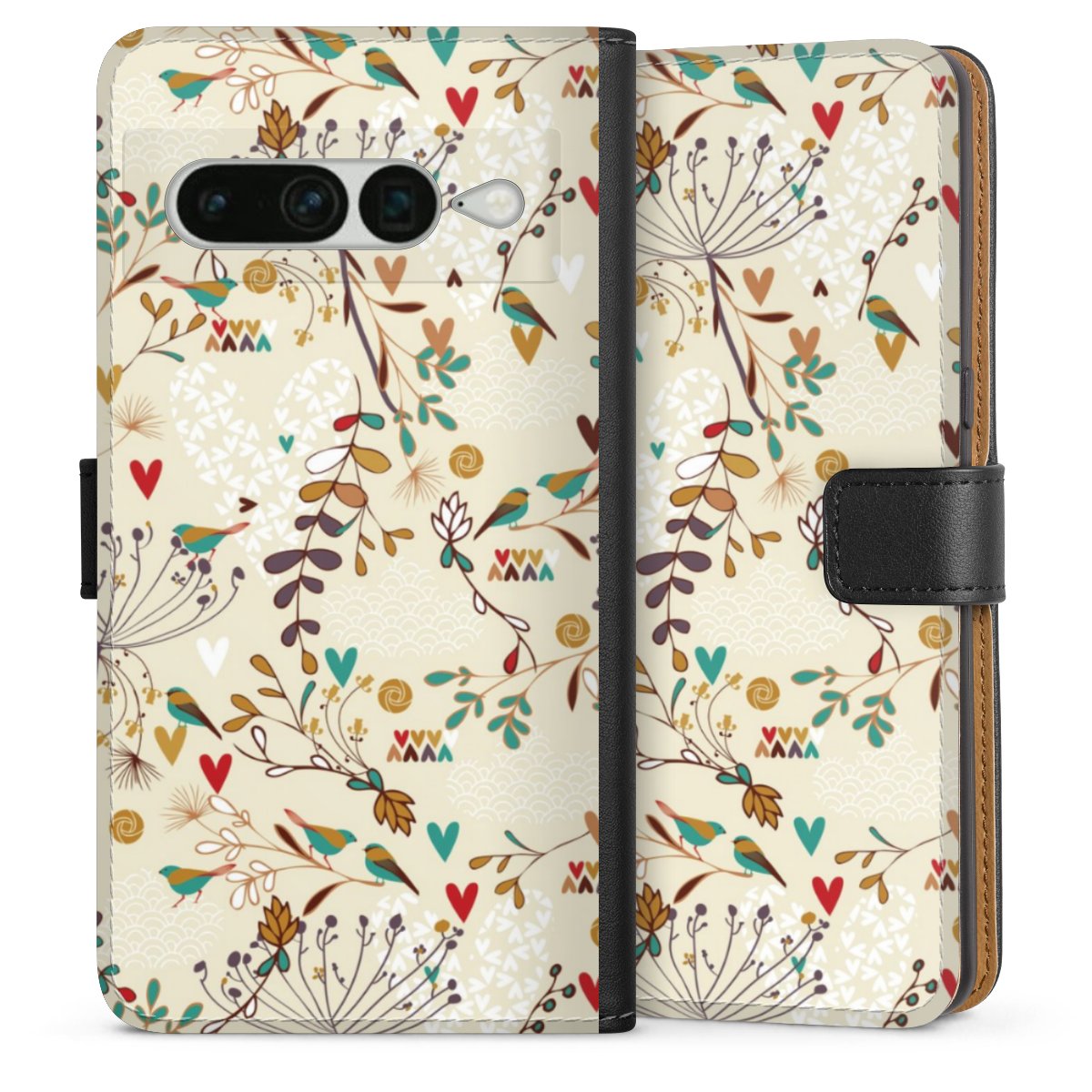 Google Pixel 7 Pro Handy Klapphülle Handyhülle aus Kunst Leder schwarz Flip Case Bird Flowers Retro Sideflip mit Lasche