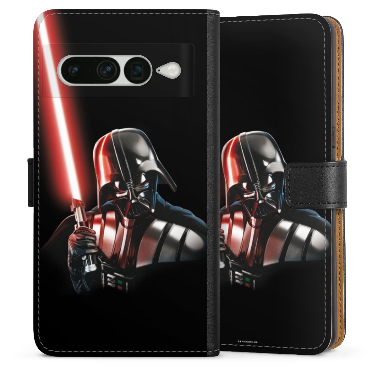 Google Pixel 7 Pro Handy Klapphülle Handyhülle aus Kunst Leder schwarz Flip Case Star Wars Merchandise Darth Vader Sideflip mit Lasche