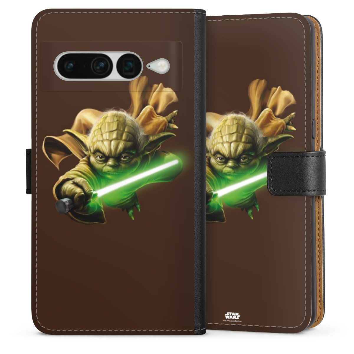 Google Pixel 7 Pro Handy Klapphülle Handyhülle aus Kunst Leder schwarz Flip Case Yoda Merchandise Star Wars Sideflip mit Lasche