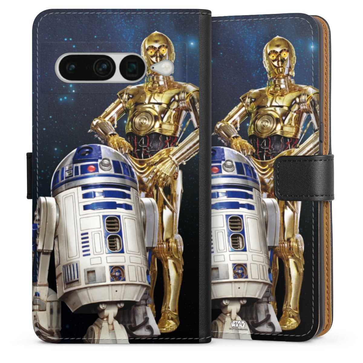 Google Pixel 7 Pro Handy Klapphülle Handyhülle aus Kunst Leder schwarz Flip Case Weltall Star Wars R2d2 Sideflip mit Lasche