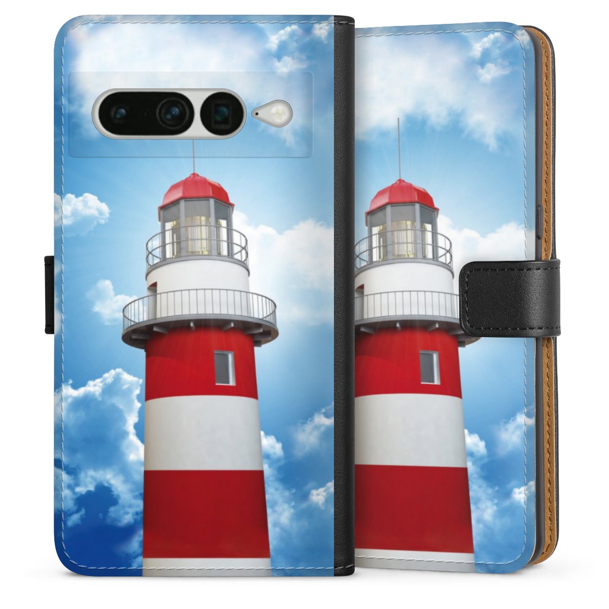 Google Pixel 7 Pro Handy Klapphülle Handyhülle aus Kunst Leder schwarz Flip Case Lighthouse Sky Cloud Sideflip mit Lasche