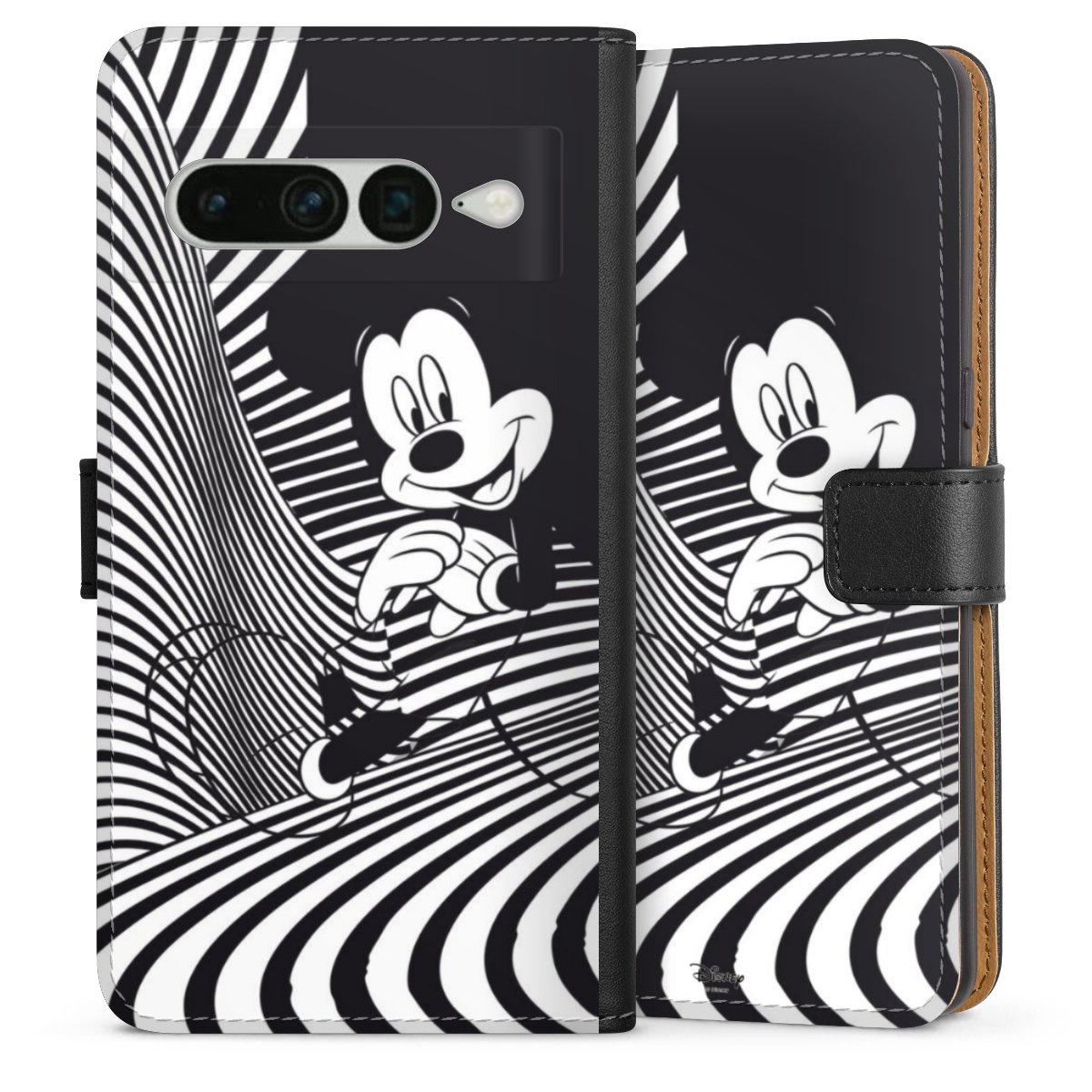 Google Pixel 7 Pro Handy Klapphülle Handyhülle aus Kunst Leder schwarz Flip Case Disney Official Licensed Product Mickey Mouse Sideflip mit Lasche