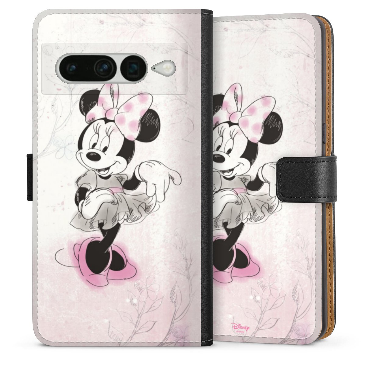 Google Pixel 7 Pro Handy Klapphülle Handyhülle aus Kunst Leder schwarz Flip Case Disney Minnie Mouse Vintage Sideflip mit Lasche