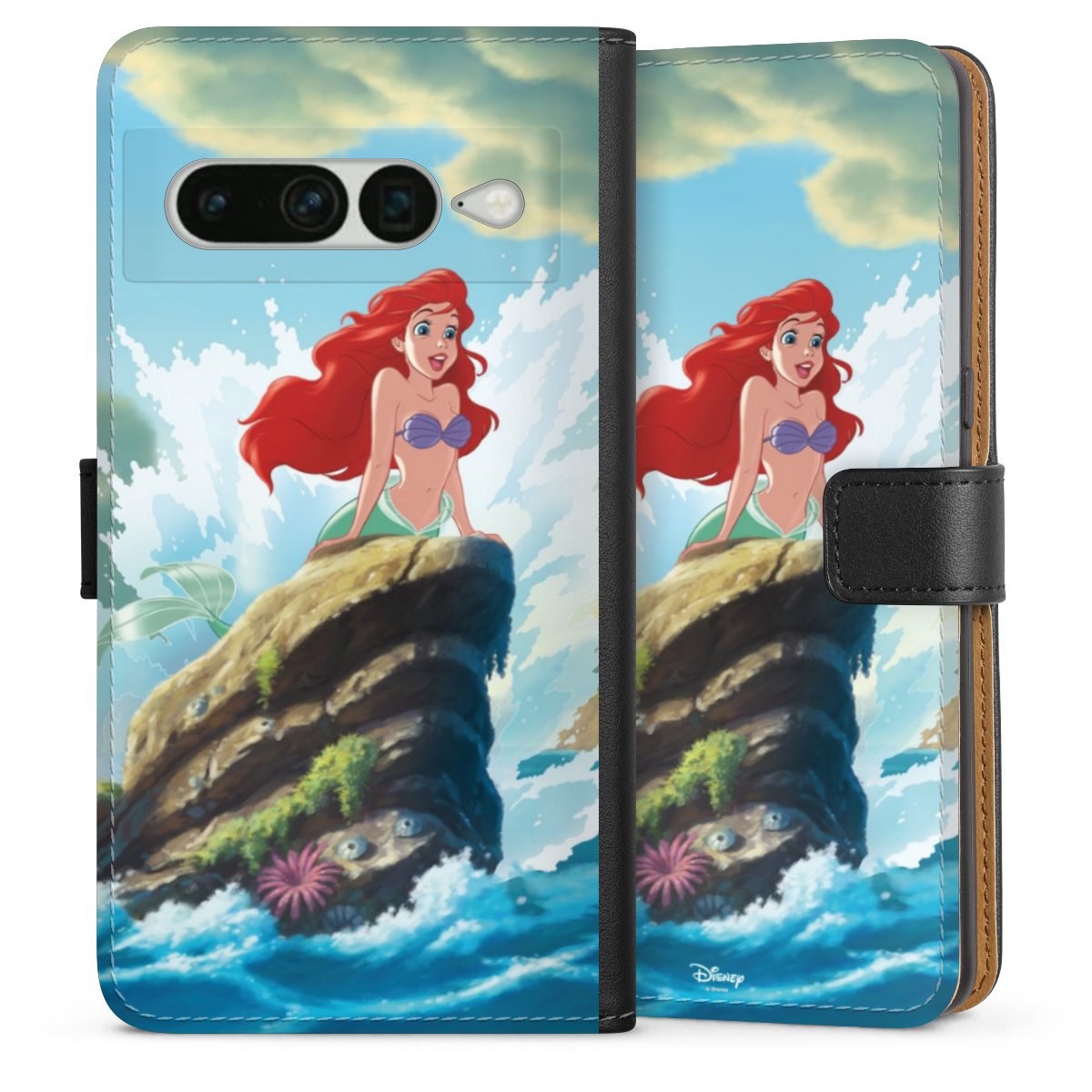 Google Pixel 7 Pro Handy Klapphülle Handyhülle aus Kunst Leder schwarz Flip Case Mermaid Arielle Die Meerjungfrau Official Licensed Product Sideflip mit Lasche