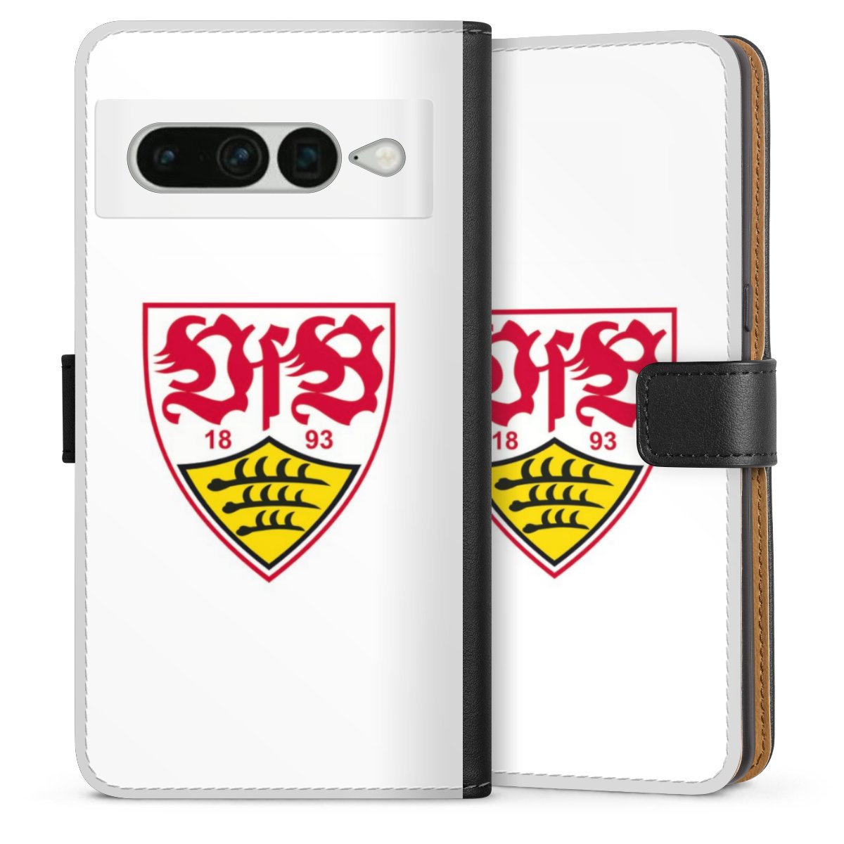 Google Pixel 7 Pro Handy Klapphülle Handyhülle aus Kunst Leder schwarz Flip Case Logo Official Licensed Product Vfb Stuttgart Sideflip mit Lasche