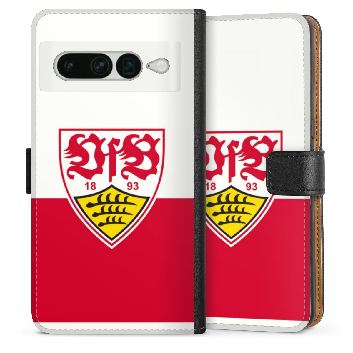 Google Pixel 7 Pro Handy Klapphülle Handyhülle aus Kunst Leder schwarz Flip Case Official Licensed Product Logo Vfb Stuttgart Sideflip mit Lasche