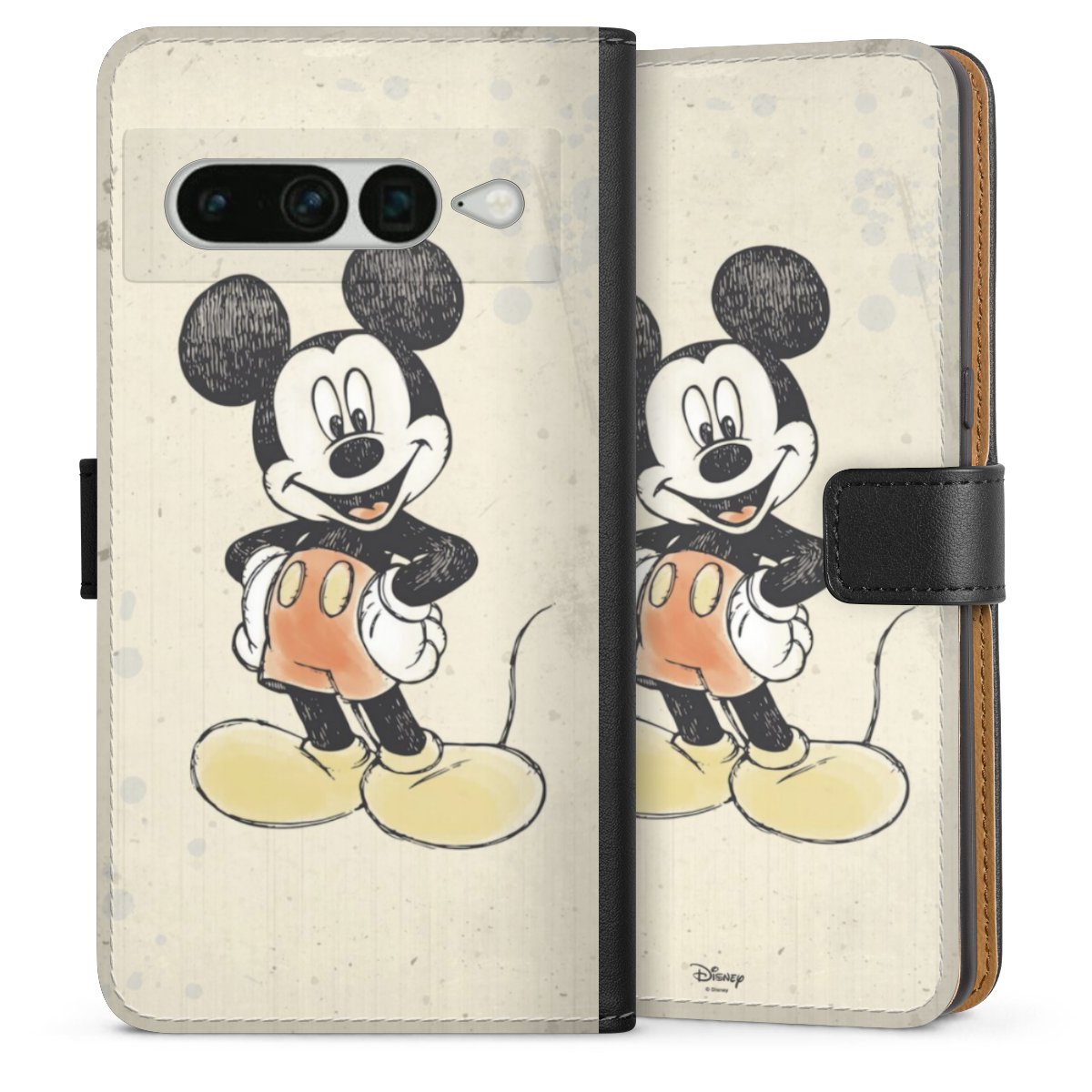 Google Pixel 7 Pro Handy Klapphülle Handyhülle aus Kunst Leder schwarz Flip Case Water Colour Mickey & Minnie Mouse Official Licensed Product Sideflip mit Lasche