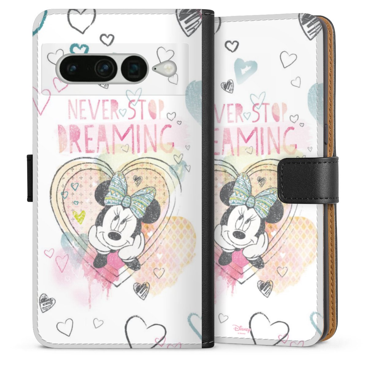 Google Pixel 7 Pro Handy Klapphülle Handyhülle aus Kunst Leder schwarz Flip Case Disney Official Licensed Product Minnie Mouse Sideflip mit Lasche