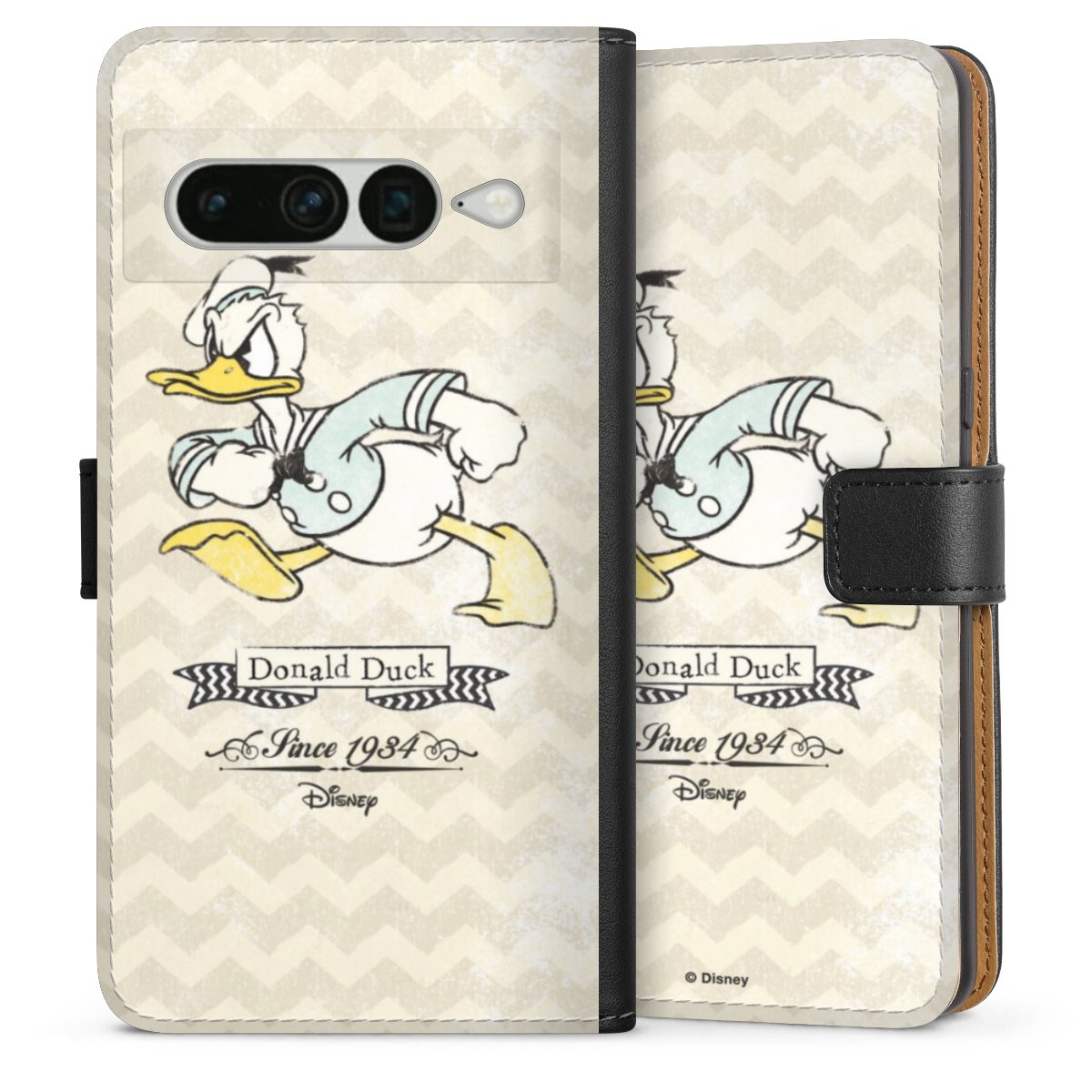 Google Pixel 7 Pro Handy Klapphülle Handyhülle aus Kunst Leder schwarz Flip Case Official Licensed Product Disney Donuld Duck Vintage Sideflip mit Lasche